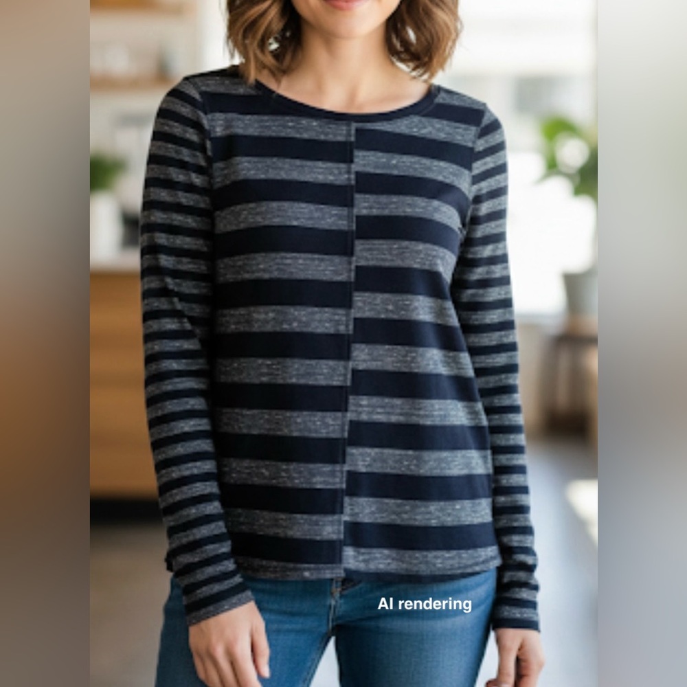 Pilcro x Anthropologie Navy Blue & Gray Stripe Lightweight Tee | Small